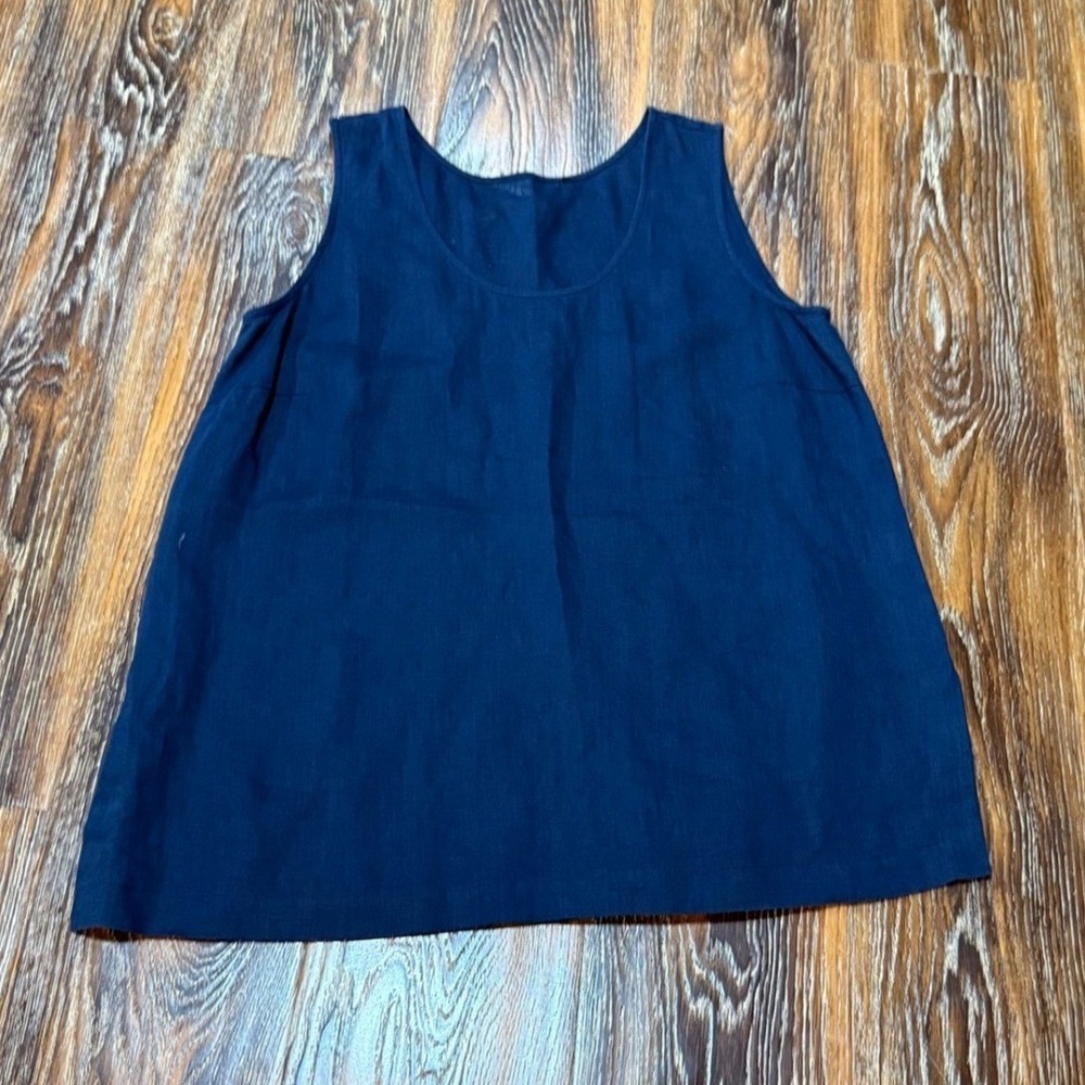 Go Silk 100% Linen Womens Navy Blue Sleeveless Scoop Neck Tank Top Side Slits